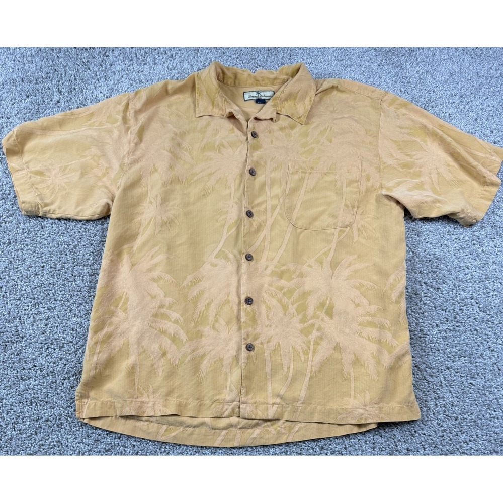 Tommy‎ Bahama Mens Jacquard Print Silk Shirt Palm Tree Coconut Buttons Large